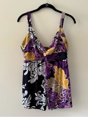 Tahari Purple, Yellow & Black Patterned Tank Top